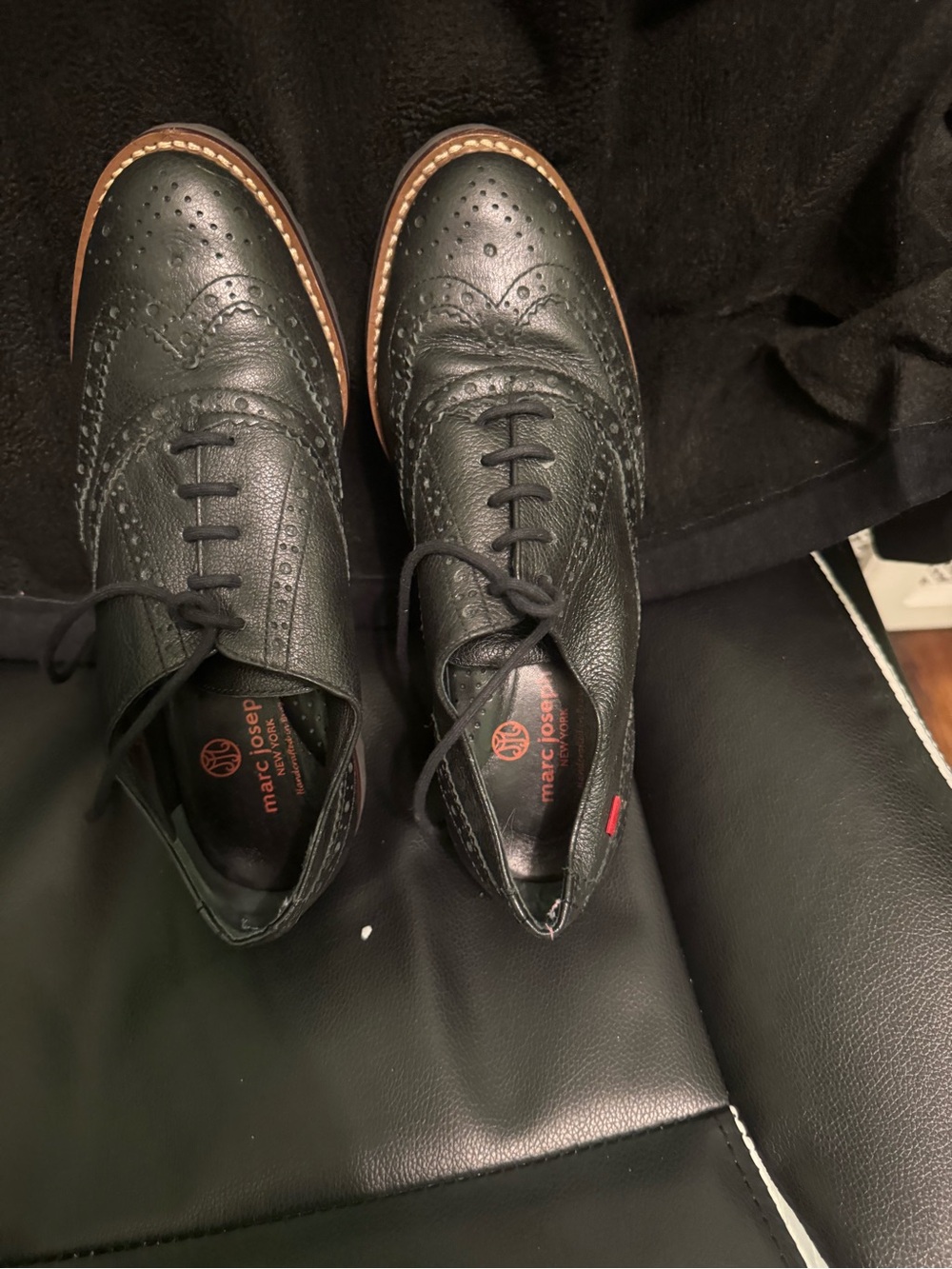 Marc Joseph Women's Black Leather Brogue Oxford with Tan Welt